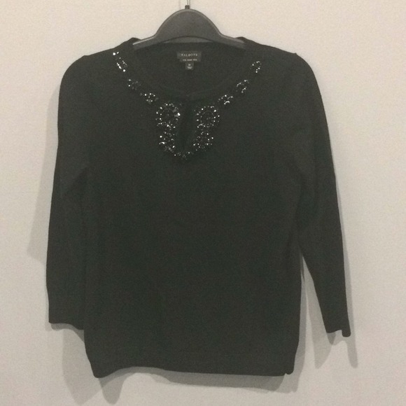 Talbots Sweaters - Talbots Black Merino Wool Three-Quarter Sleeve Classic‎ Jewel Neck Sweater